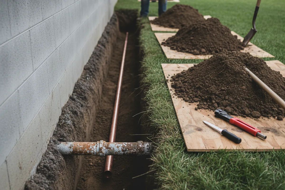 Excavated water line trench during Water Heater Repair in Depew